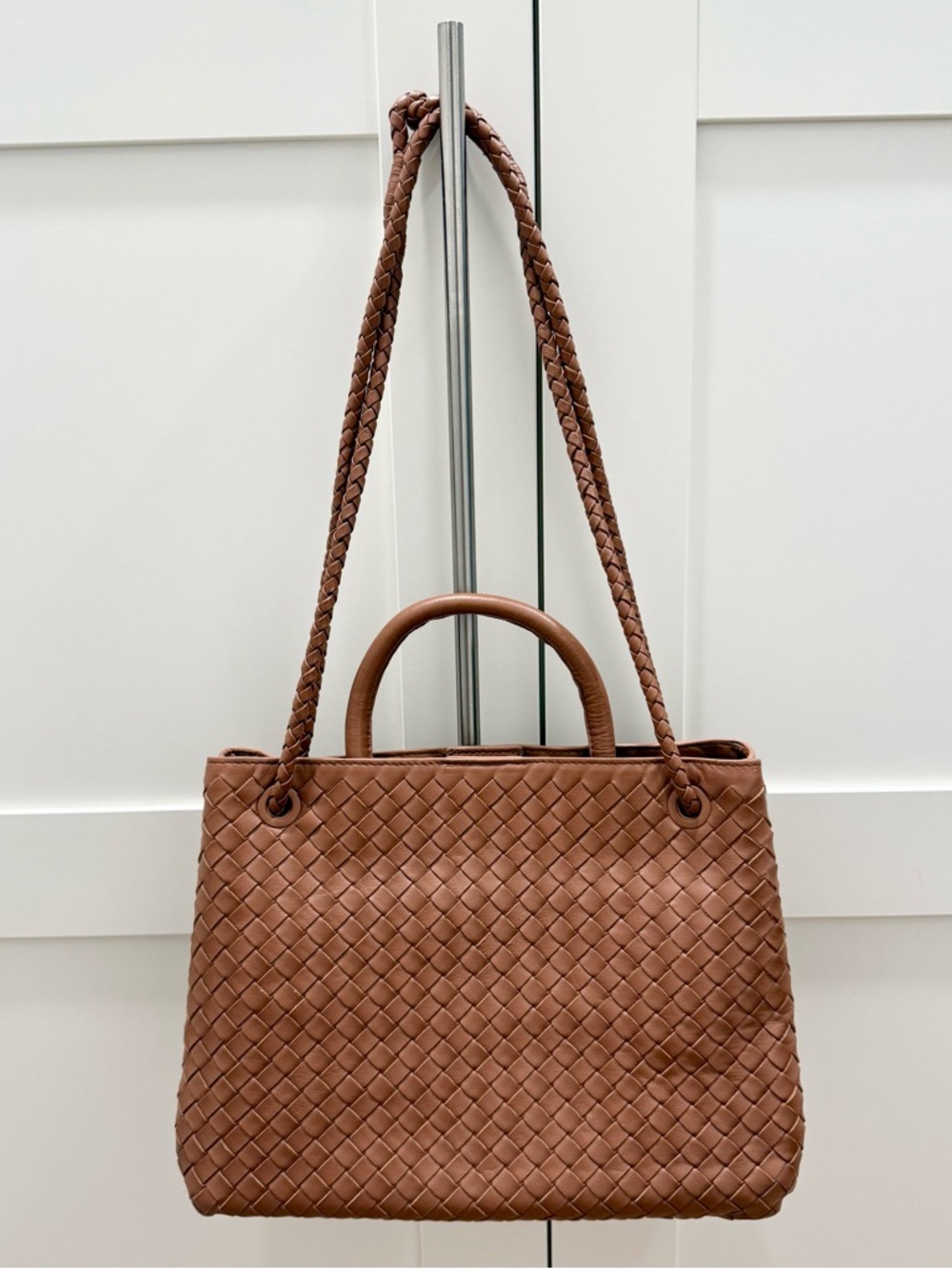Large Quince Italian Leather Handwoven Satchel Cognac Woven Crossbody Tote Purse - Picture 2 of 6
